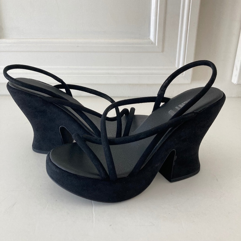 Silent D Anthropologie Star Black Suede Strappy Platform Heels Sz 37